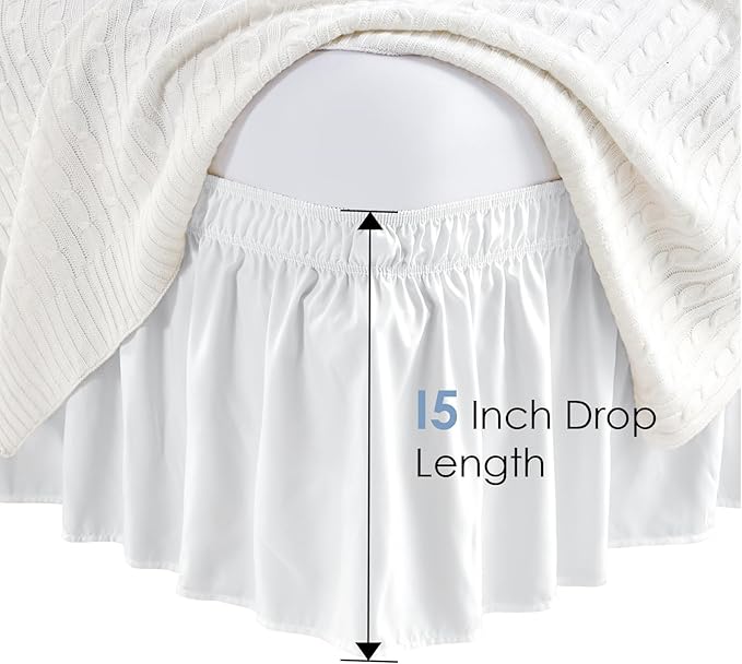 FreshCulture Elastic Wrap Around Bed Skirt - Easy Fit with 22-Inch Tailored Drop, Hotel Quality Dust Ruffle for Full Size Bed (White)