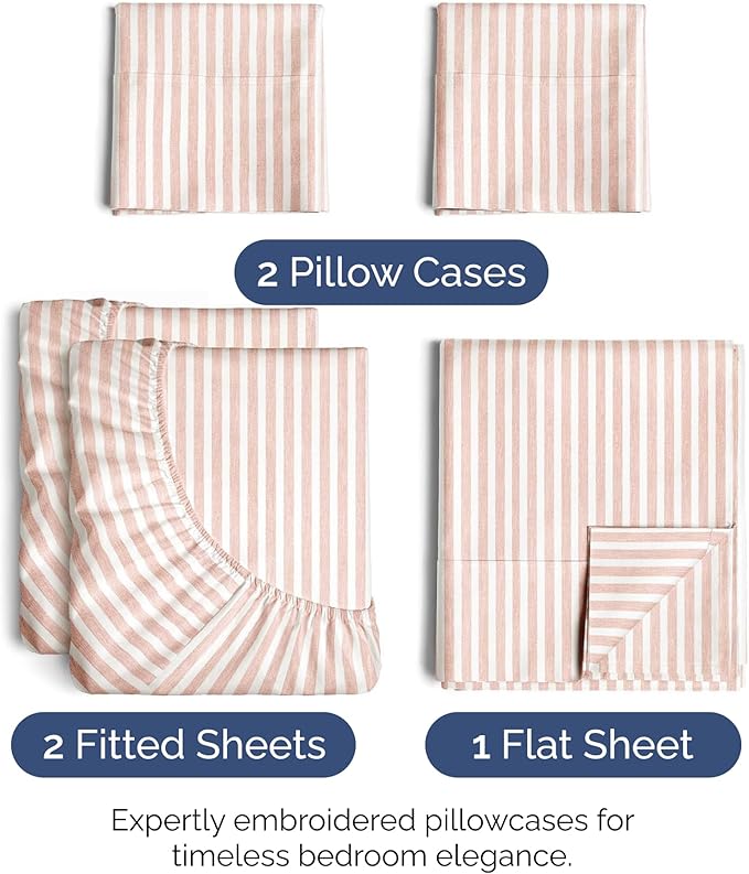 Split King Size 5 Piece Sheet Set - Extra Soft, Breathable & Cooling Sheets - Hotel Luxury Bed Sheets for Women & Men - Deep Pockets, Easy-Fit & Wrinkle-Free Sheets - Blush Stripes Oeko-Tex Bed Sheets