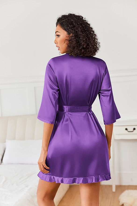 Ekouaer Women's Satin Robes Silk Kimono Bath Robe Short Ruffled Hem Bride Bridesmaid Sleepwear with Pockets