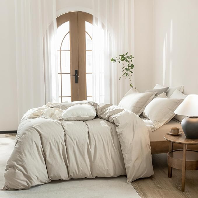 Linen Grey Duvet Cover Full Size 90inch x 80inch,100% Washed Cotton Duvet Cover with Zipper Closure and 2 Pillowcases, Color of New Nature Linen