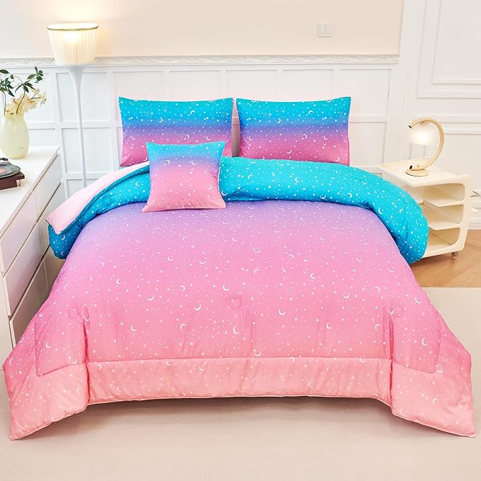 URBONUR 6 Pcs Gradient Glitter Comforter Set for Girls Full Size Colorful Rainbow Bedding Soft Lightweight Microfiber All Season Kids Bed Sets (Pink Blue)