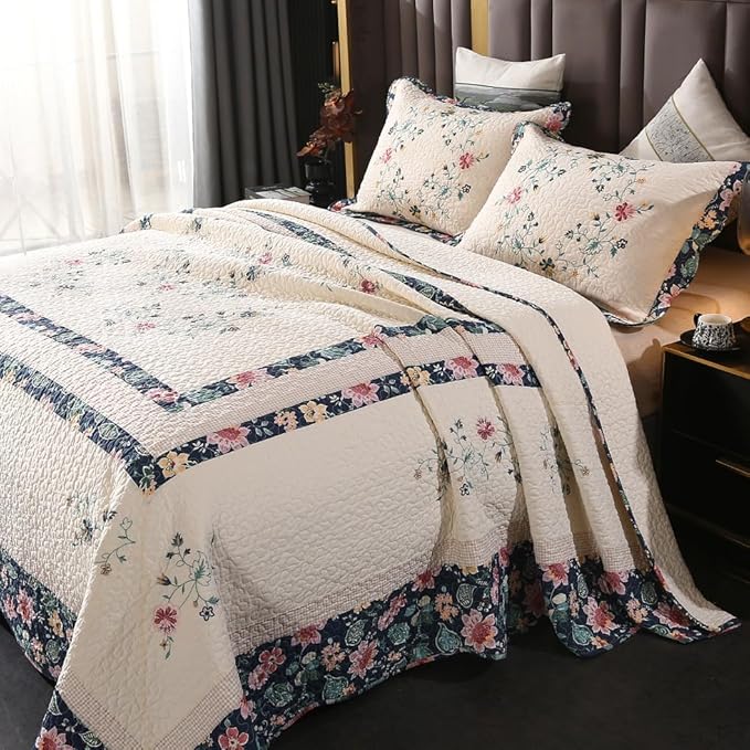 Quilt Set Floral Leaves 3D Embroidery Pattern 3 PCS Cotton Reversible Quilted Embroidered Decorative Bedspreads Coverlet Set, Lightweight &Soft Queen Size Beige Bedding Coverlet for All Season