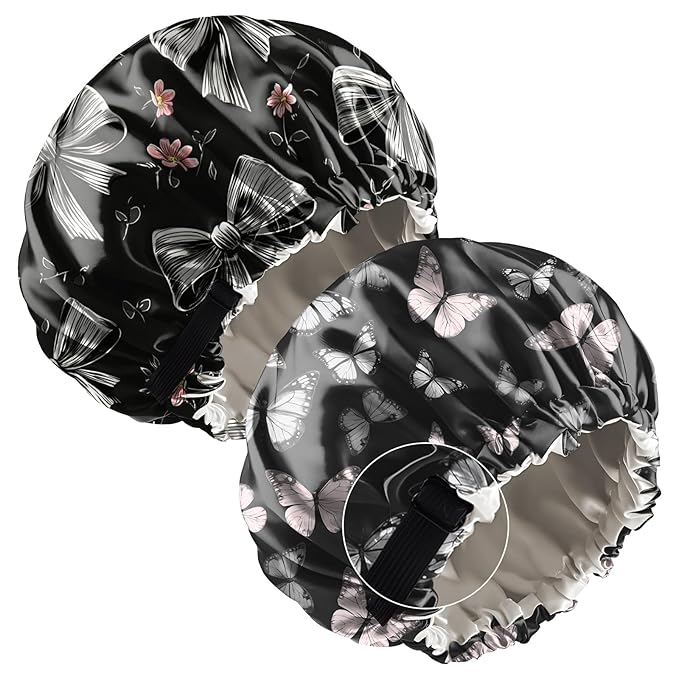 2 PCS Bonnets for Women Girls Satin Hair Bonnet Silk Adjustable Elastic Double Layer Hair Wrap Sleep Cap Comfort Cute-Bowknot Butterfly