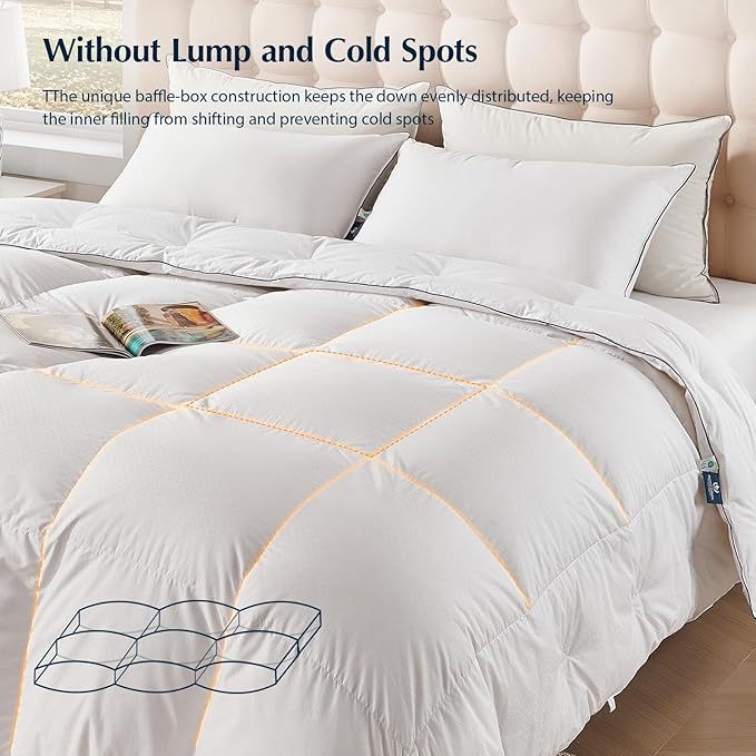 Pacific Coast Twin Comforter Filled with White Goose Down Bed Comforter, Fluffy All Season Luxury Hotel White Duvet Insert with 8 Loops, 60"x90"