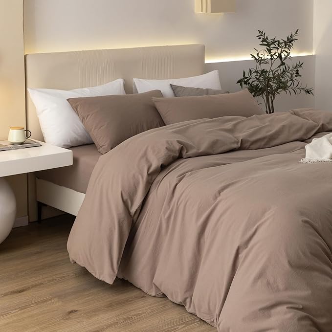 JIYUAN 100% Washed Cotton Duvet Cover Set 3 Pieces Super King, 1 Duvet Cover 108x98 Inches(Comforter Not Included) and 2 Pillowcases,Linen Feel Bedding Set Comfy and Breathable,Light Brown