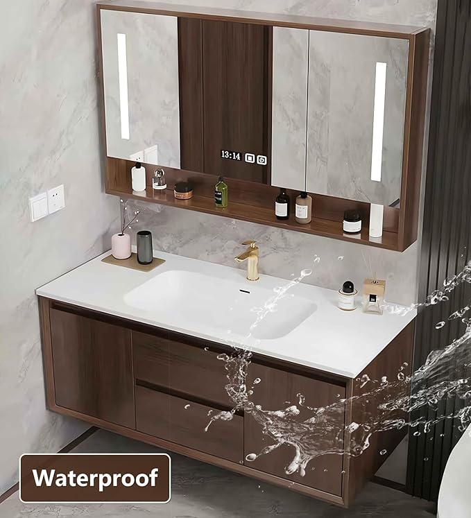 Bathroom Sink Vanity 76Inch, Floating Bathroom Vanity with LED Smart Defogging Mirror Cabinet and Open Shelf, Multi-Layer Solid Wood Bathroom Furniture Cabinet, Wall Mount Installation (Walnut)