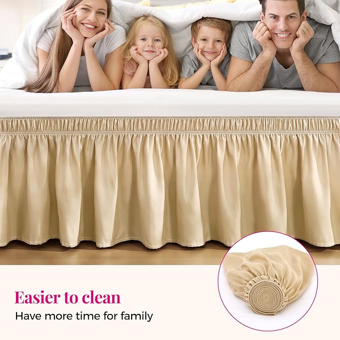 RIMELA Beige Bed Skirt Queen Size 15 Inch Drop, Wrap Around Elastic Bedskirt, Dust Ruffle for Adjustable Bed Base Machine Washable Easy to Install Bed Skirts