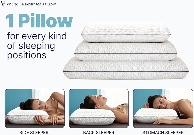 Vaverto Queen Memory Foam Pillow 2-Pack – Cooling Gel-Infused Orthopedic Bed Pillows for Neck and Shoulder Pain Relief, Firm Support Design with Removable Viscose Made from Bamboo Covers – Set of 2