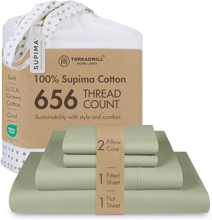 Threadmill American Supima King Size Sheets Set | 656 Thread Count 4 Piece Luxury Bed Sheets for King Size Mattress | 5 Star Hotel Quality Sheets with Elasticized Extra Deep Pocket | Sage Green Sheets