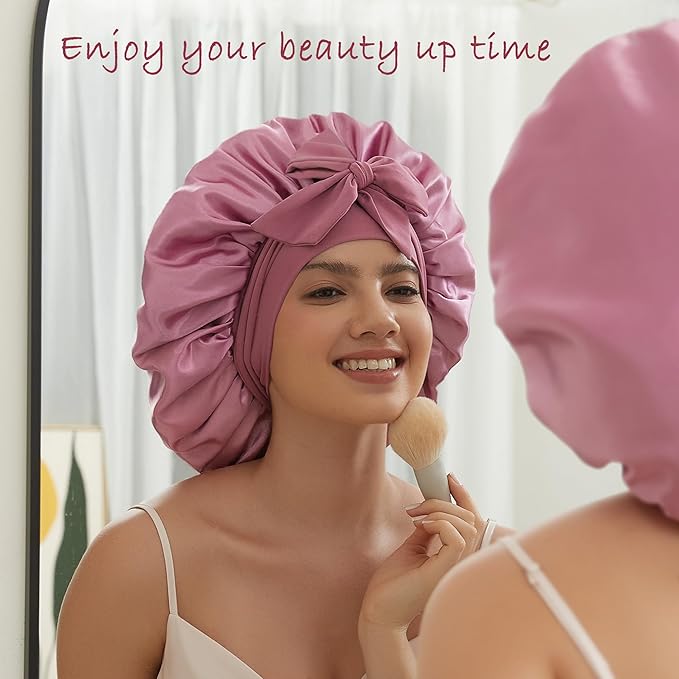 Satin Bonnet with Tie Band,Silk Hair Bonnet for Sleeping Women,Bonnets for Women,Double Layer Sleep Cap for Braids Curly Hair