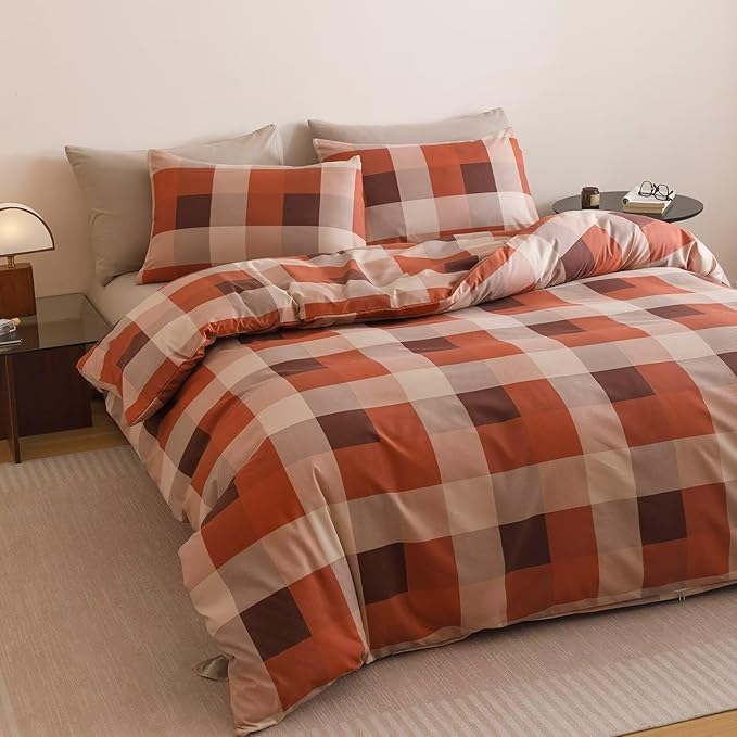Cottonight Checkered Red Comforter Set Cal King Gingham Grid Bedding Set Red and Khaki Grid Comforter Fluffy Soft Blanket Quilts Modern Cottagecore Comforter California King Bed