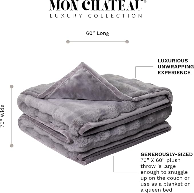 Mon Chateau 60" x 70" Hearthside Faux Fur Throw Blanket, Reversible Soft Blanket for Queen-Size Bed, Couch, or Sofa, Cozy Home Decor and Stylish Living Room Comfort, Fog Stone