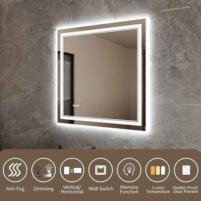 Bathroom Mirror with Lights 36"X36" with Front Light and Backlit, Tempered Glass, Wall Mount Horizontal/Vertical, Stepless Dimmable, 3 Colors, Anti Fog, Bathroom Memory LED Mirror
