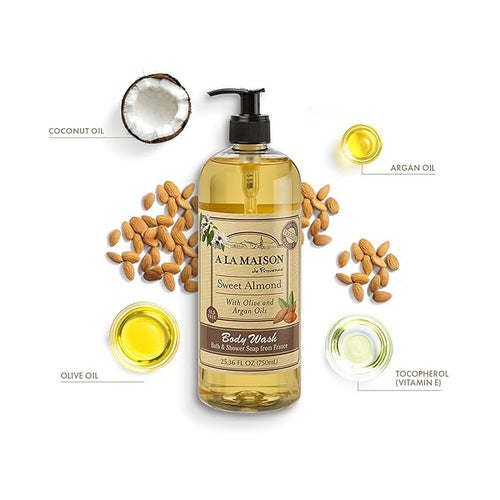 A LA MAISON French Hydrating Liquid Body Wash, Sweet Almond - Natural Body Wash Made with Essential Oils - Biodegradable, Plant-Based, Vegan, Cruelty-Free, Alcohol & Paraben Free (25.36 oz, 2 Pack)