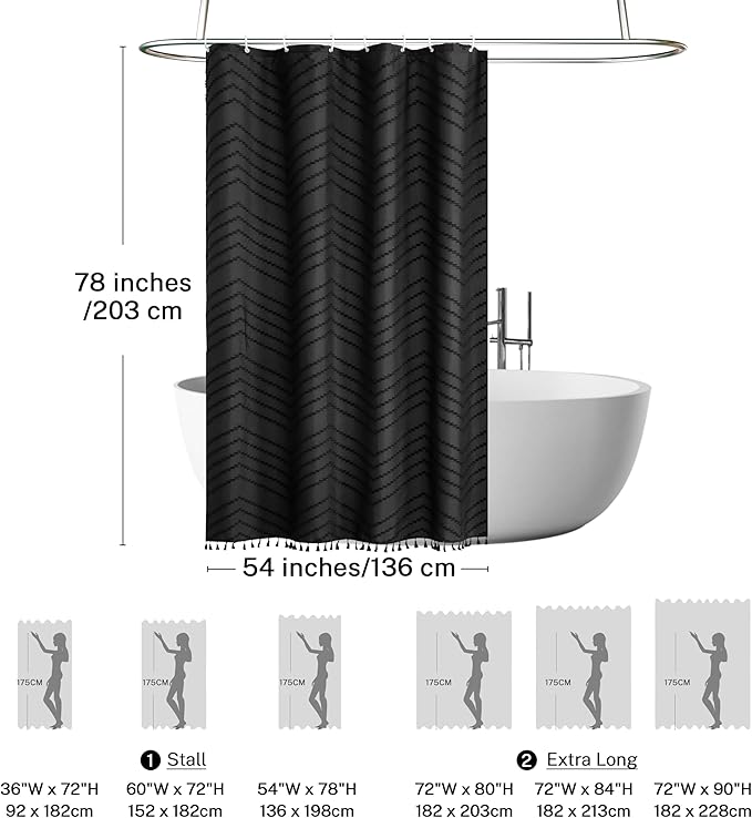 Boho Shower Curtain Black Tassel Woven Fabric Shower Curtain 54 x 78 Modern Farmhouse Textured Tufted Chevron Striped Minimalist Bathroom