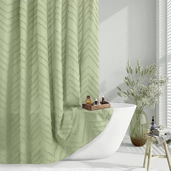 Green Boho Shower Curtain - 72 x 84, Tufted Chevron Textured Striped Fabric, Modern Minimalist for Bathroom
