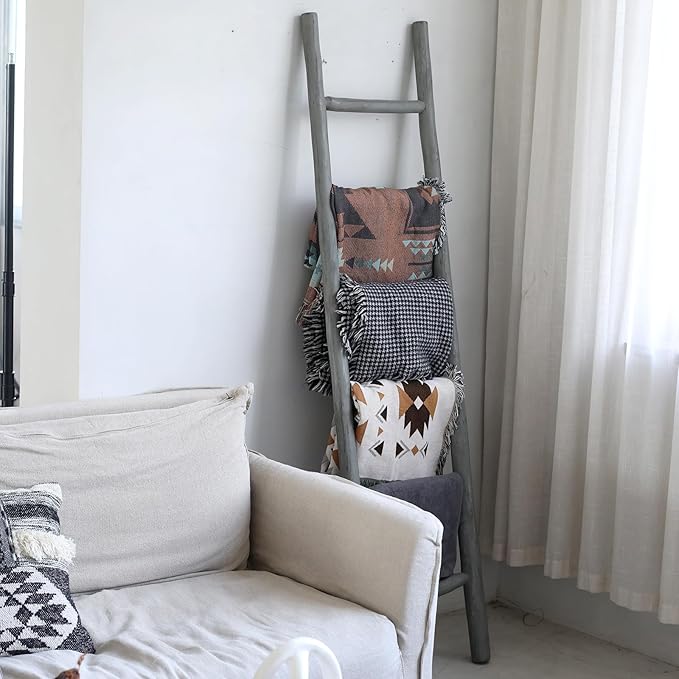 FUIN Fully Assembled 6ft Wood Blanket Ladder Living Room Decorative Wall Leaning Farmhouse Quilt Display Holder Rustic Wooden Towel Rack for Bathroom, Gray