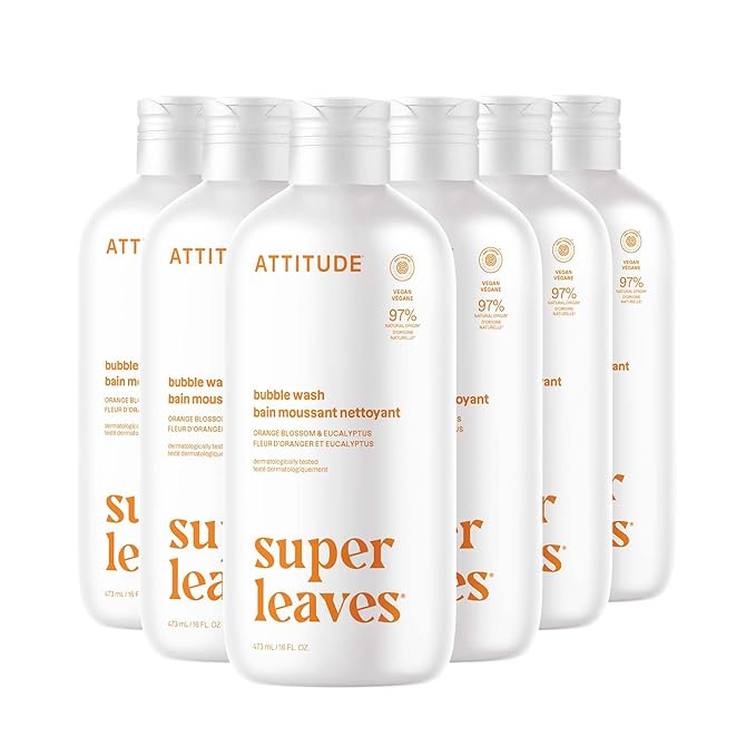 ATTITUDE Bubble Bath, EWG Verified, Plant and Mineral-Based, Dermatologically Tested, Vegan Body Care Products, Orange Blossom & Eucalyptus, 16 Fl Oz (Pack of 6)
