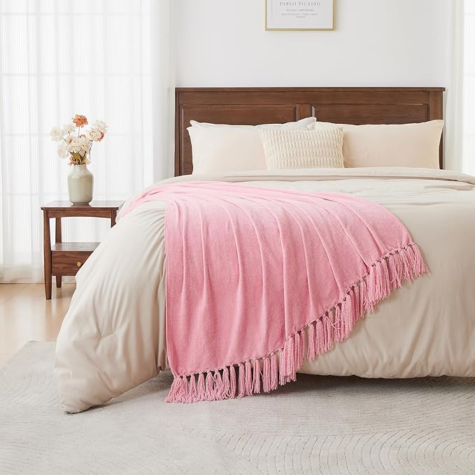 CozeCube Chenille Throw Blanket for Couch, Cozy Plush Fuzzy Decorative Pink Blanket with Fringe Tassels, Lightweight Throws for Bed Sofa Gift Home Decor, 60"X80"
