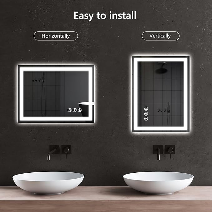 APRILSOUL 24x32 Inch LED Bathroom Mirror with Front and Backlit, Makeup Mirror with 3 Color Lights, Memory Function, Anti-Fog and Dimmable Light (Horizontal/Vertical)