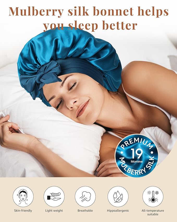 AWAYTR Silk Bonnet for Sleeping Women 100% Mulberry Silk Bonnet with Band 2 Layer Reversible Hair Bonnet Sleeping Hair Wrap (Peacock Blue/Gray)