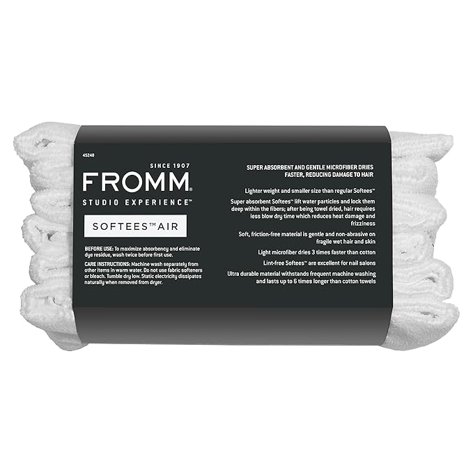 Fromm Softees Air Microfiber Lightweight Salon Hair Towels for Hairstylists, Barbers, Spa, Gym in White, 15.5" by 25.5", 6 count Perfect Hair Care Towel for Drying Curly, Long, Wavy Hair