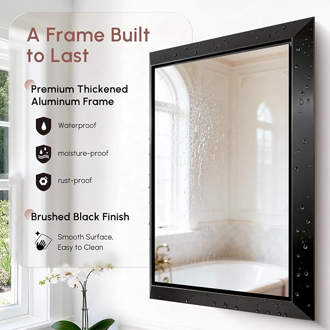 USHOWER Black Bathroom Mirrors for Over Sink, 30x40 Inch Beveled Rectangular Bathroom Vanity Mirror, Brushed Thick Aluminum Framed, Anti-Rust, 4mm Copper-Free Silver Wall Mirror