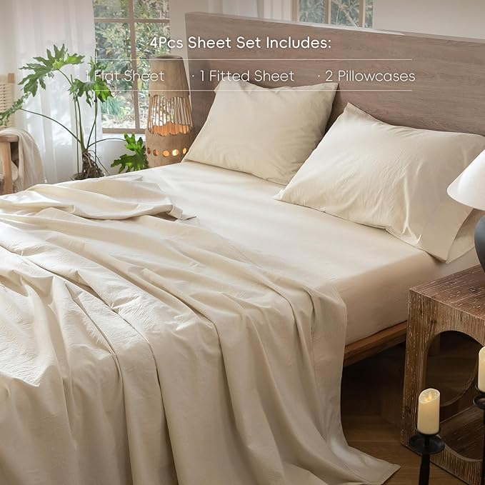 MooMee Bedding Sheet Set 100% Washed Cotton Linen Like Textured Breathable Durable Soft Comfy (Heathered Almond Milk Grey, Queen)