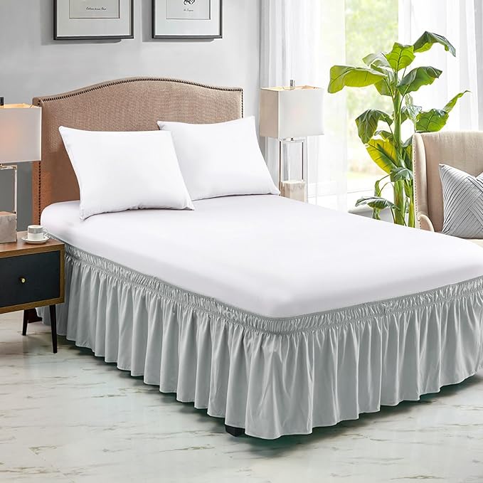 FreshCulture Elastic Wrap Around Bed Skirt - Easy Fit with 15-Inch Tailored Drop, Hotel Quality Dust Ruffle for Full Size Bed (Light Grey)