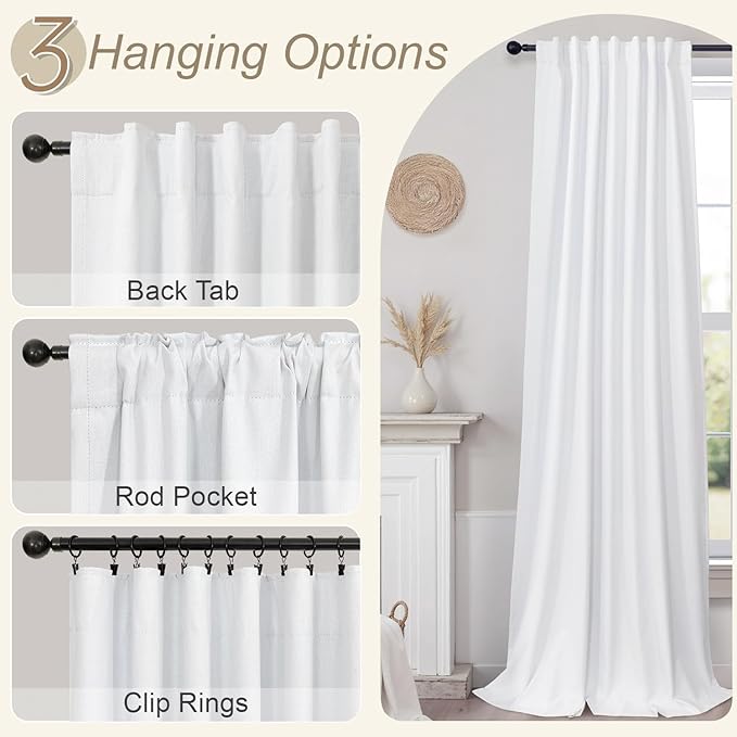 Small Blackout Curtains 45 Inches Long 2 Panels Short Linen Look Heat Blocking Drapes 46 Inch Window Decor for Kitchen Bedroom Bathroom Thermal Insulated White Black Out Curtains 52x45 Length Back Tab