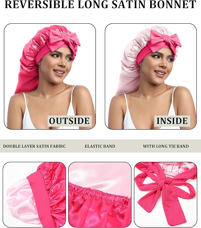 AWAYTR Long Satin Bonnet for Sleeping - Double Layer Reversible Silk Bonnet for Long Hair Women Sleeping Cap with Tie Band