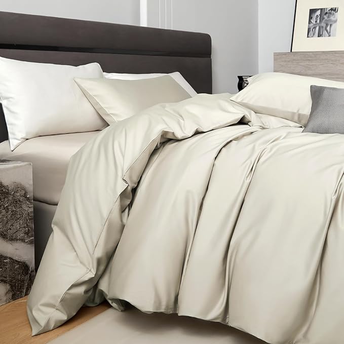 PURE ERA Duvet Cover Set 800 Thread Count Long Staple Cotton Sateen Soft Luxurious Smooth 3 Piece Set Beige King