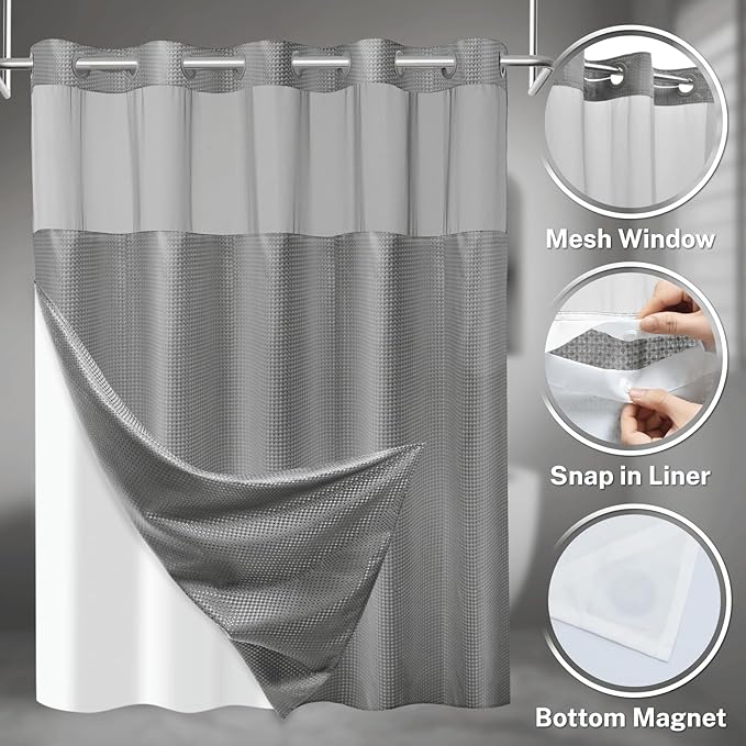 No Hook Shower Curtain with Snap in Liner Set Waffle Shower Curtain for Bathroom Hotel Style Fabric Waterproof Inner Liner，54" W x 80" H, Grey