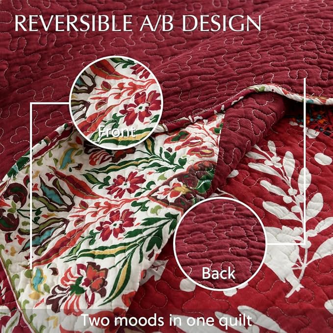 Cotton Bedspread Quilt Bedding Sets 3 Pieces Reversible Coverlet Sets Comforters Gorgeous Paisley Floral Patchwork Red Bedspread, Queen Size