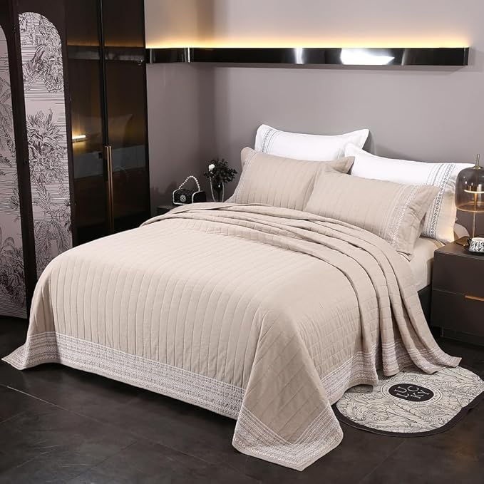 Quilt Set Floral Leaves 3D Embroidery Pattern 2 PCS Cotton Reversible Quilted Embroidered Decorative Bedspreads Coverlet Set, Lightweight &Soft Queen Size Beige Bedding Coverlet for All Season