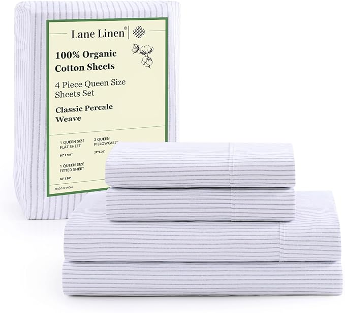 LANE LINEN 100% Organic Cotton Sheet Sets Queen Size, 4Pc Queen Size Cotton Sheets, Hotel Style Sheets, Bedding Sheets & Pillowcases, Queen Sheet Sets Deep Pockets Fits Upto 15" - Blue Ticking Stripe