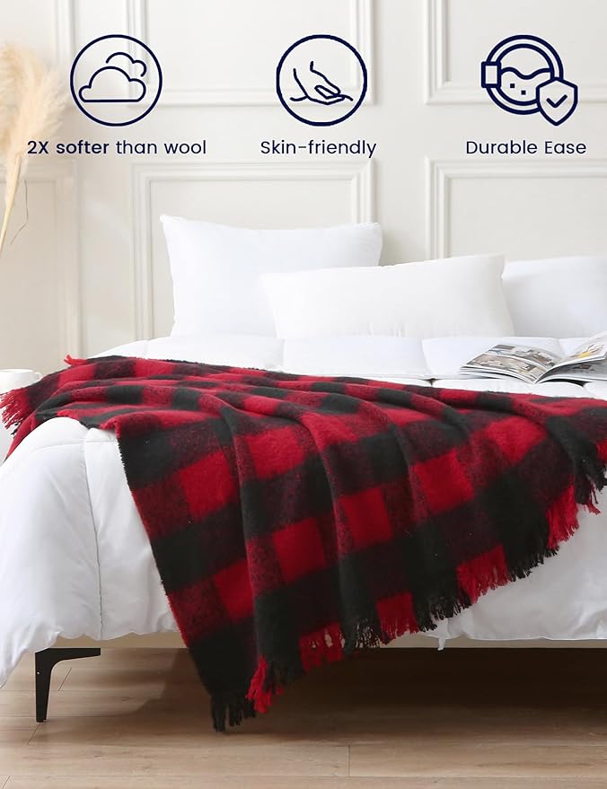 ZonLi Christmas Buffalo Plaid Blanket, Black and Red Plaid Throw Blankets with Tassel for Couch, Bed, Sofa, Chair, Outdoor, Cozy Warm Lightweight Farmhouse,50" x 60"