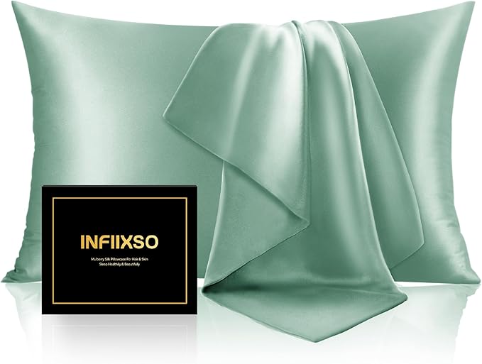 INFIIXSO Mulberry Silk Pillow Cases King Size Set of 2, Silk Pillowcase with Hidden Zipper 20"x36", Extraordinary Smooth and Soft Pillow Case for Hair and Skin(Mint Green, 2 Pack)