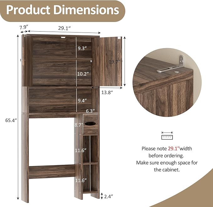 Meilocar Bathroom Storage Cabinet Over Toilet with Toilet Paper Holder Stand, Freestanding Bathroom Storage Organizer Cabinet Space Saver W/Adjustable Shelf, Walnut