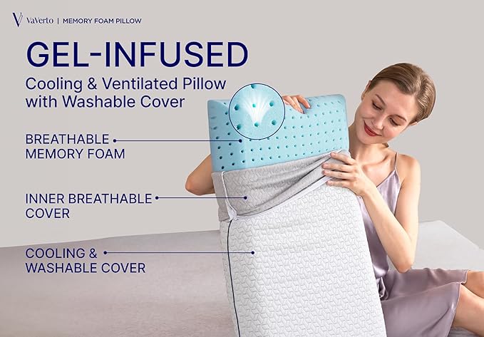 Cooling Gel Memory Foam Pillow | 1-Pack | Standard Size Bed Pillows For Sleeping | Medium-Firm | Back, Stomach and Side Sleeper Pillow | Shoulder & Back Pain Relief | Washable , Bamboo Viscose Cover