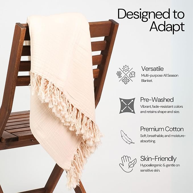 Salt Earth 100% Cotton Muslin Throw Blanket, Gauze Blanket 50"X60" Throw with Tassel 4 Layered for Couch, Bed, Living Room, Home,Lightweight & All Season Blankets & Throws, Skin Friendly (Parchment)