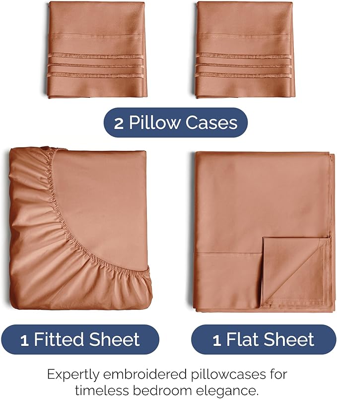 Queen Size 4 Piece Sheet Set - Extra Soft, Breathable & Cooling Sheets - Hotel Luxury Durable Bed Sheets for Women & Men - Deep Pockets, Easy-Fit & Wrinkle-Free Sheets - Warm Peach Oeko-Tex Bed Sheets