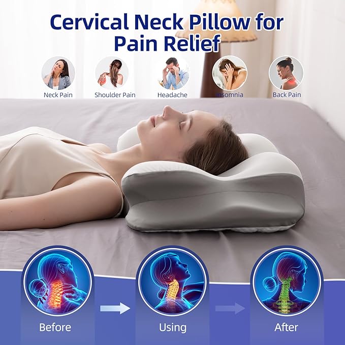 Cervical Neck Pillow for Sleeping, Dual-Height Contour Pillow for Neck Pain Relief, Butterfly Ergonomic Memory Foam Neck Support Pillow with Cooling Breathable Cover for Side Sleepersr, Queen White