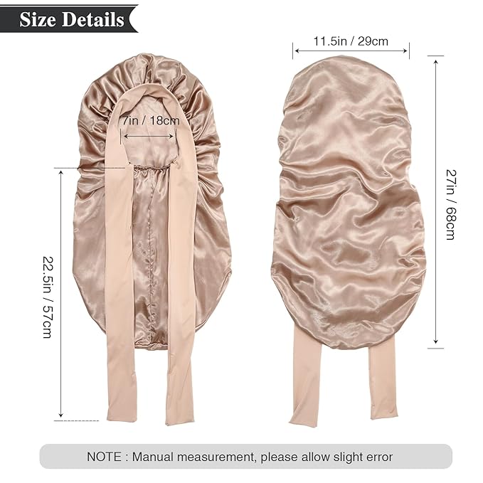 AWAYTR Long Satin Bonnet for Women - Double Layer Elastic Silk Bonnet for Braids Hair Sleeping Cap with Tie Band (Champagne)