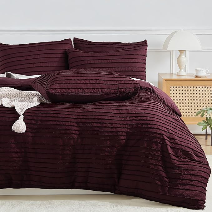 NEXHOME PRO Duvet Cover King Size, Blue 3 Pieces Boho Tufted Duvet Cover Set, Soft and Lightweight Microfiber Comforter Cover Set for All Season (Burgundy,104 x 90)-No Comforter