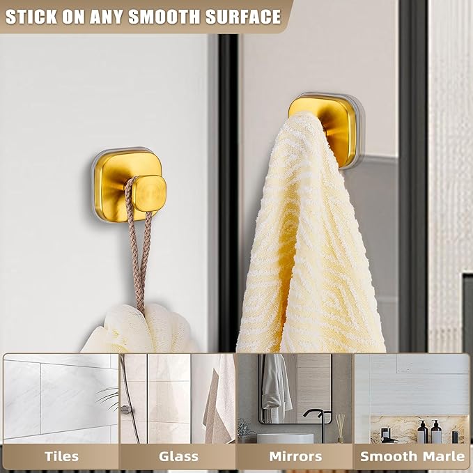 Suction Cup Hooks for Shower - Resuable Bathroom Hooks for Towels, Robes & Loofah - No-Drill Mounting on Kitchen,Walls,Metal,Glass,Mirrors,Tile & Smooth Non-Porous Surfaces (2, Brushed Gold)
