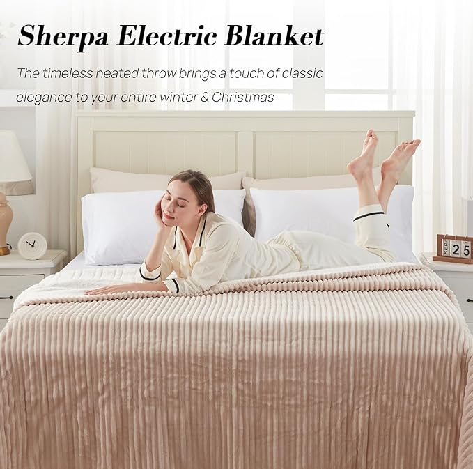 Westinghouse Full Size Heated Blanket, Soft Flannel to Sherpa Reversible, Electric Blanket Full with 10 Heating Settings & 1-12 Hours Auto Shut Off, Machine Washable, (72" x 84", Beige)