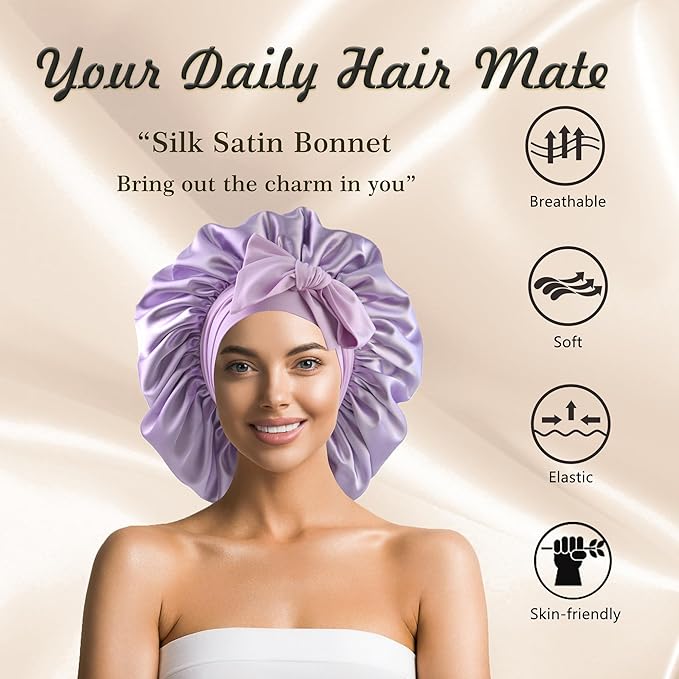 Silk Bonnet for Sleeping Women Satin Bonnet Double Layer Night Sleep Cap with Elastic Tie Band for Curly Natural Hair
