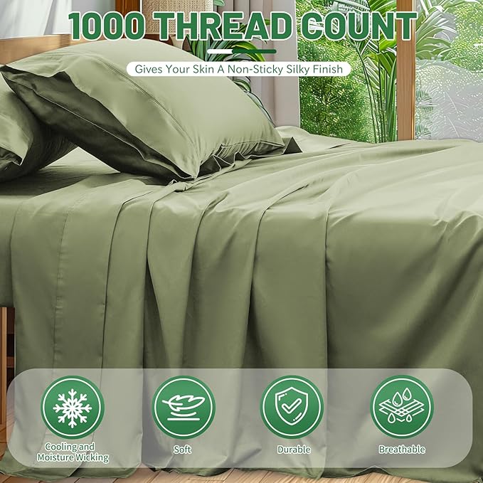 Egyptian Cotton Sheets Full Size 1000 Thread Count Sateen Weave Soft Breathable 16-Inch Deep Pocket 4PCS（Full,Olive Green）
