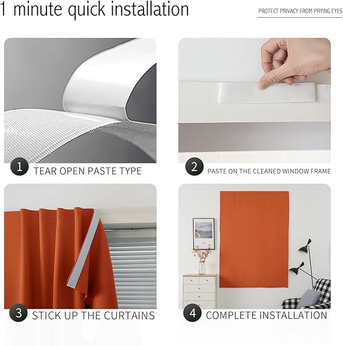 Self Adhesive Curtains Portable Blackout Curtain Simple and Easy to Install Bedroom Window Thermal Lnsulated Kitchen Room Darkening Black Small Drapes, 59" W X 59" L, Orange, 1 Panel